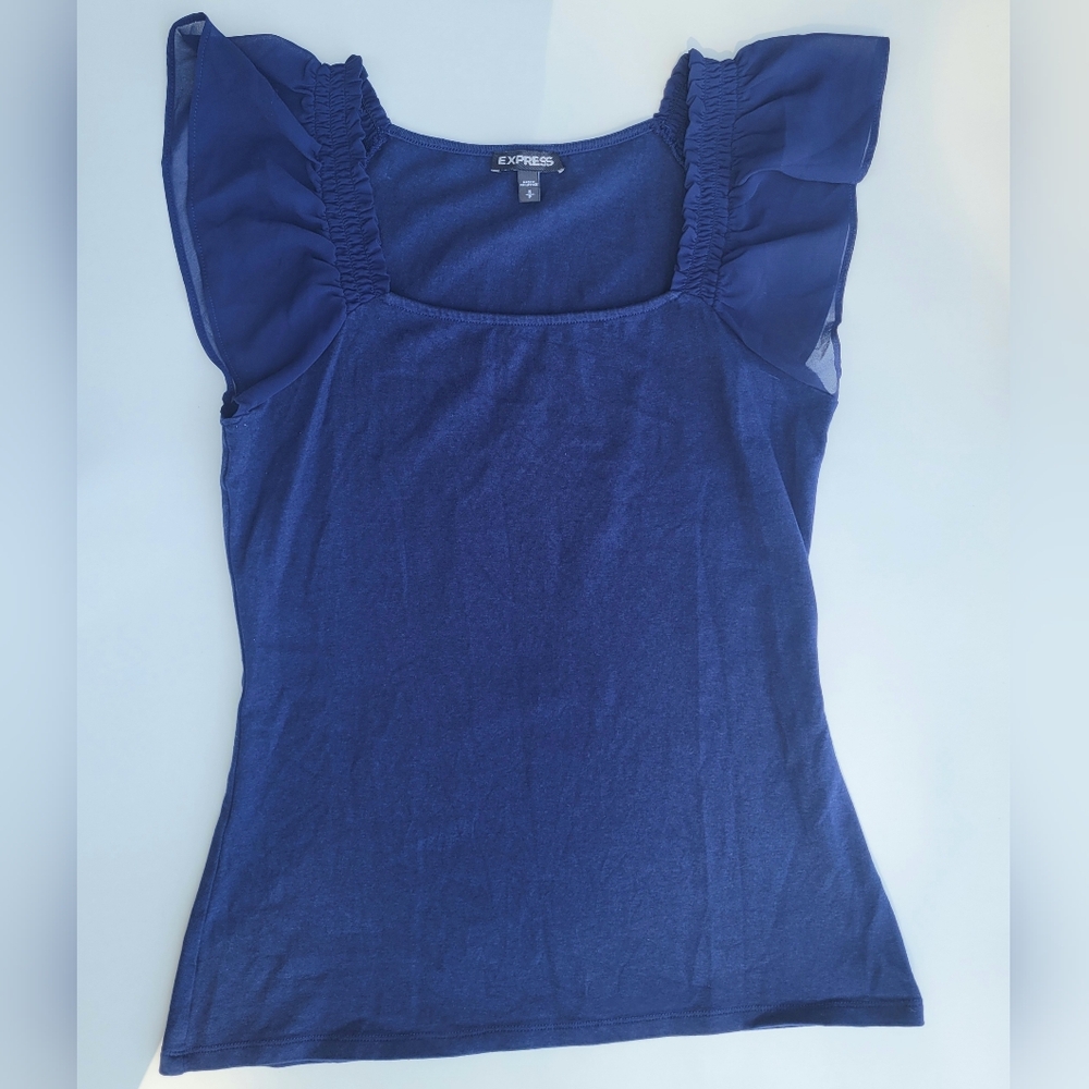 Express Sz Small Blue Flutter Sleeve Fitted Blouse
